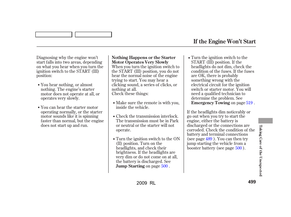 If the engine won’t start | Acura 2009 RL User Manual | Page 502 / 560