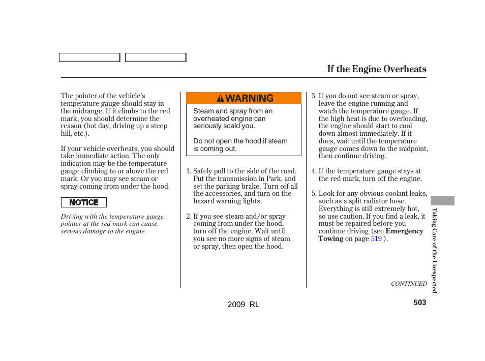 If the engine overheats | Acura 2009 RL User Manual | Page 506 / 560