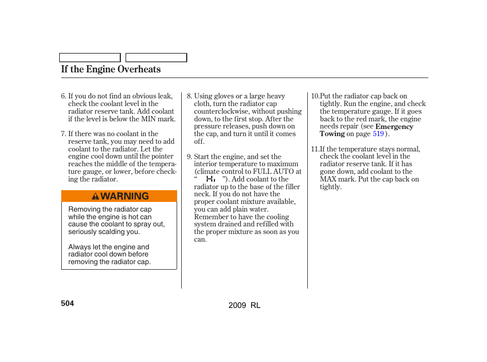 If the engine overheats | Acura 2009 RL User Manual | Page 507 / 560