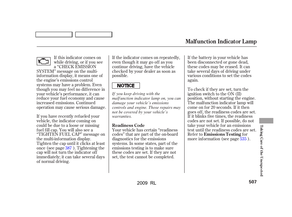 Malfunction indicator lamp | Acura 2009 RL User Manual | Page 510 / 560