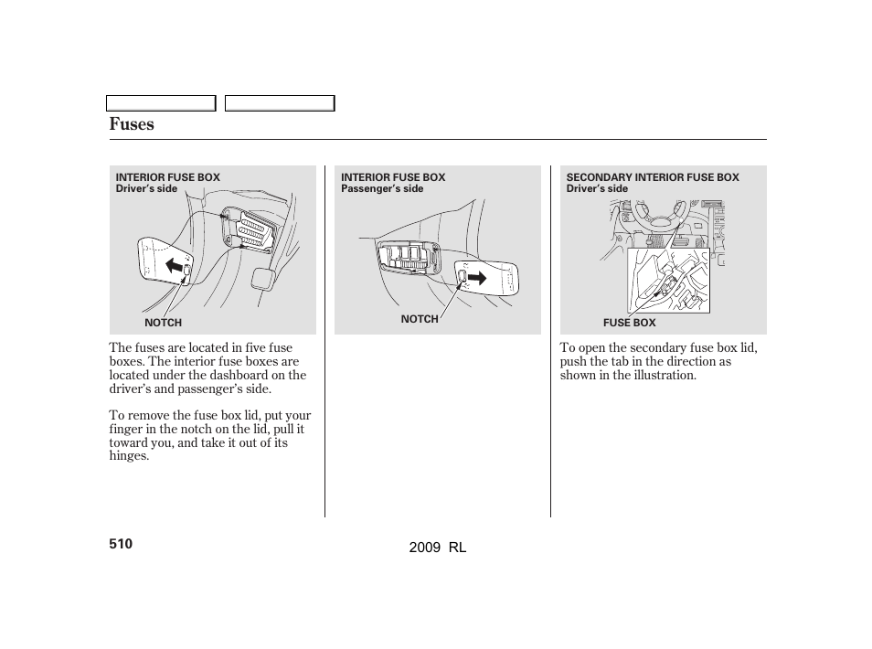 Fuses | Acura 2009 RL User Manual | Page 513 / 560