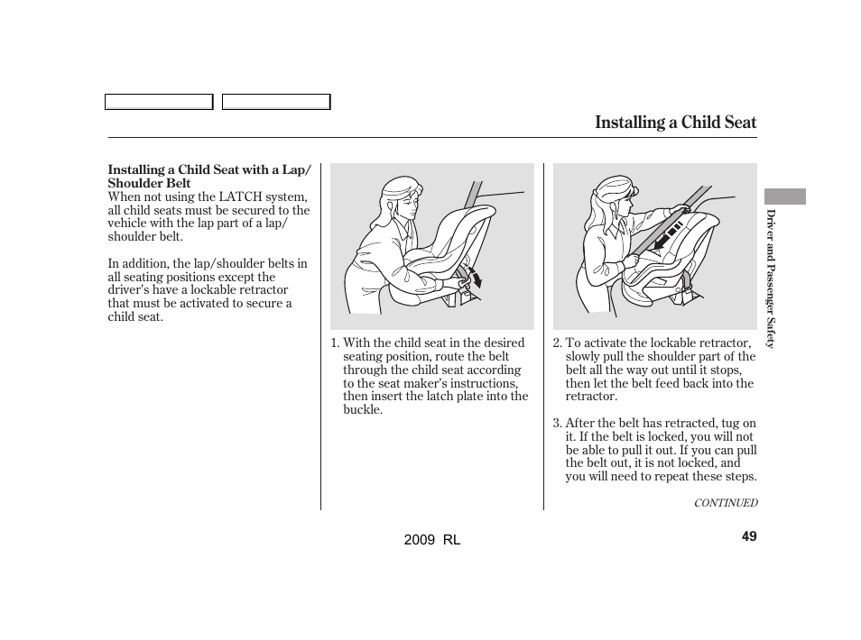 Installing a child seat | Acura 2009 RL User Manual | Page 52 / 560