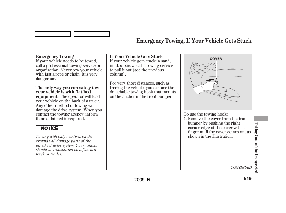 Emergency towing, if your vehicle gets stuck | Acura 2009 RL User Manual | Page 522 / 560