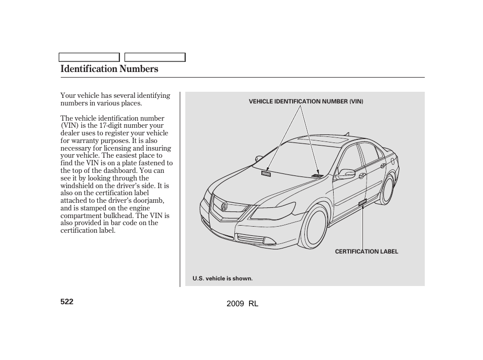 Identification numbers | Acura 2009 RL User Manual | Page 525 / 560
