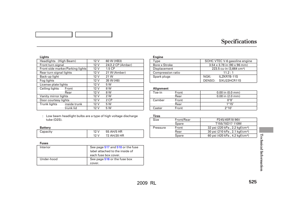 Specifications, 2009 rl | Acura 2009 RL User Manual | Page 528 / 560