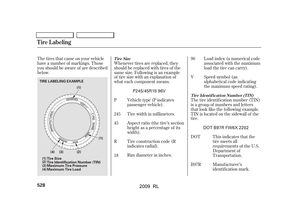 Tire labeling | Acura 2009 RL User Manual | Page 531 / 560