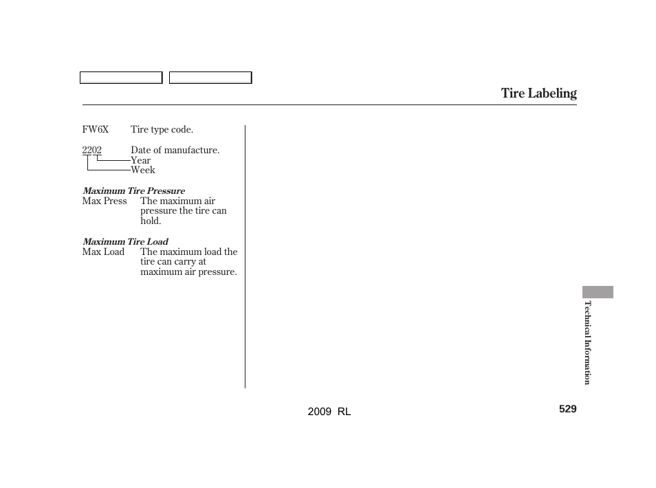 Tire labeling | Acura 2009 RL User Manual | Page 532 / 560