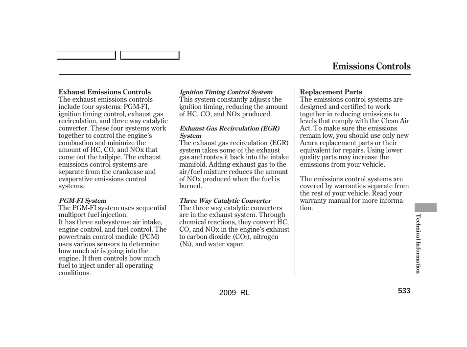 Emissions controls | Acura 2009 RL User Manual | Page 536 / 560