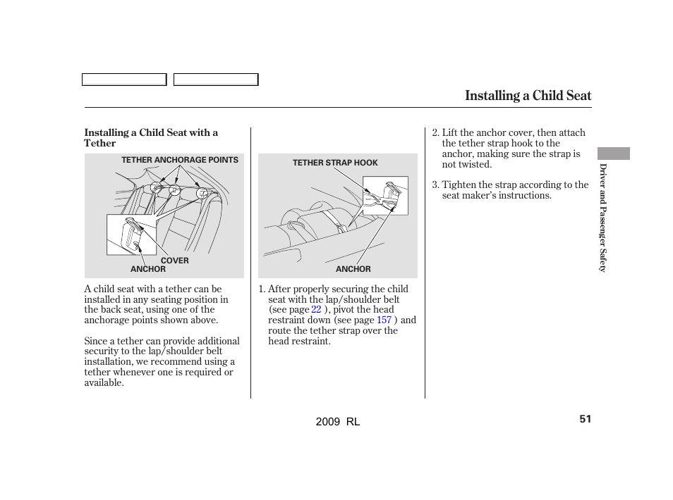 Installing a child seat | Acura 2009 RL User Manual | Page 54 / 560