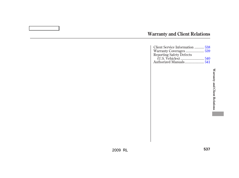 Warranty and client relations | Acura 2009 RL User Manual | Page 540 / 560