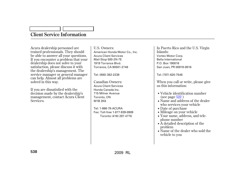Client service information | Acura 2009 RL User Manual | Page 541 / 560