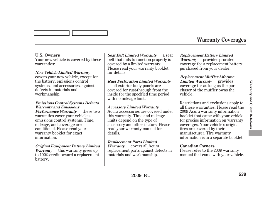 Warranty coverages | Acura 2009 RL User Manual | Page 542 / 560