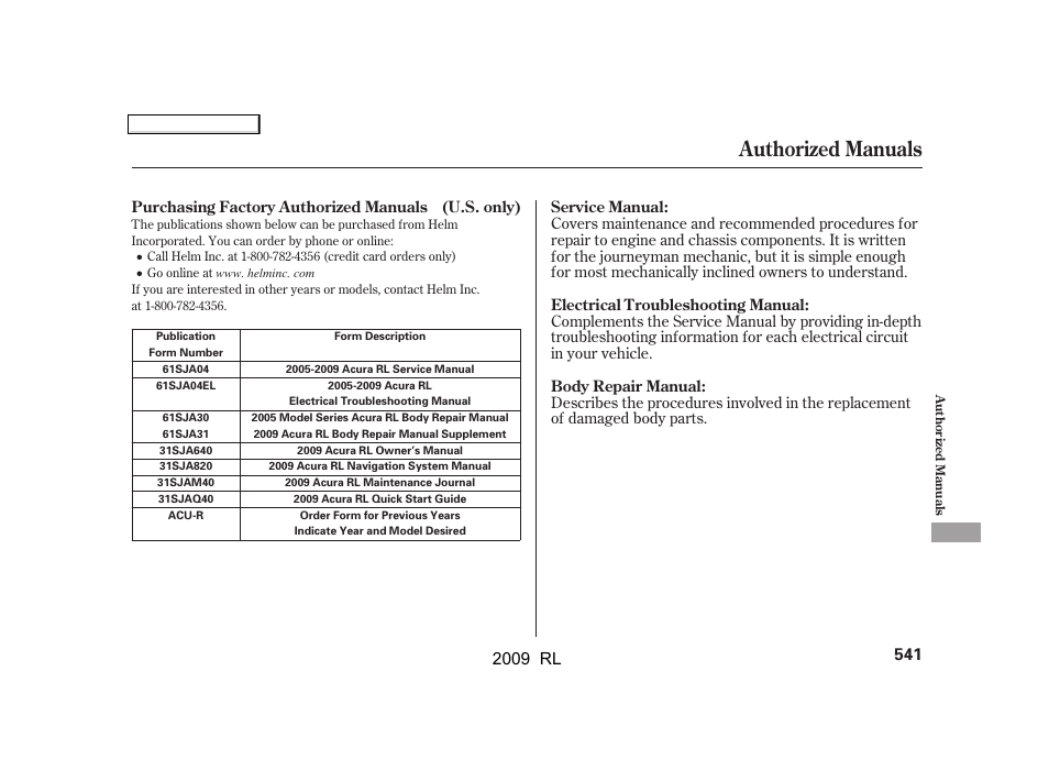 Authorized manuals, 2009 rl | Acura 2009 RL User Manual | Page 544 / 560