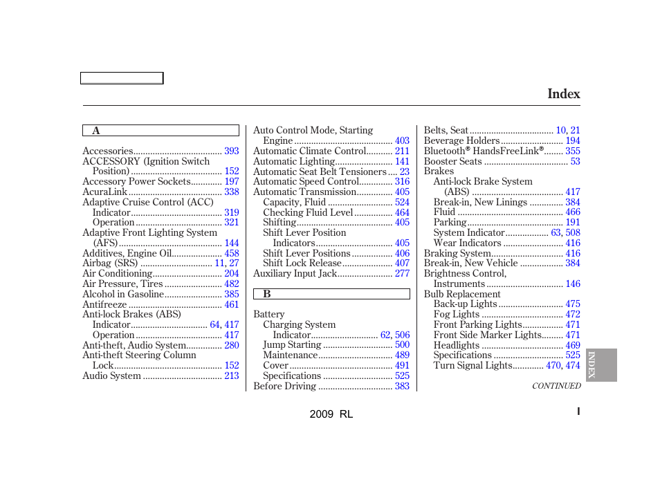 Index | Acura 2009 RL User Manual | Page 546 / 560