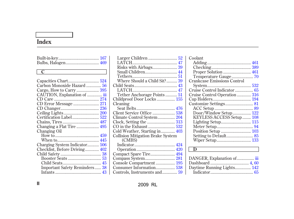 Index | Acura 2009 RL User Manual | Page 547 / 560
