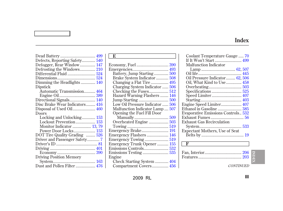 Index | Acura 2009 RL User Manual | Page 548 / 560