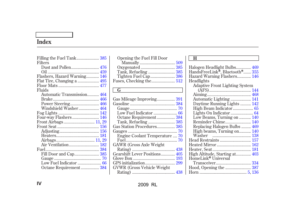 Index | Acura 2009 RL User Manual | Page 549 / 560