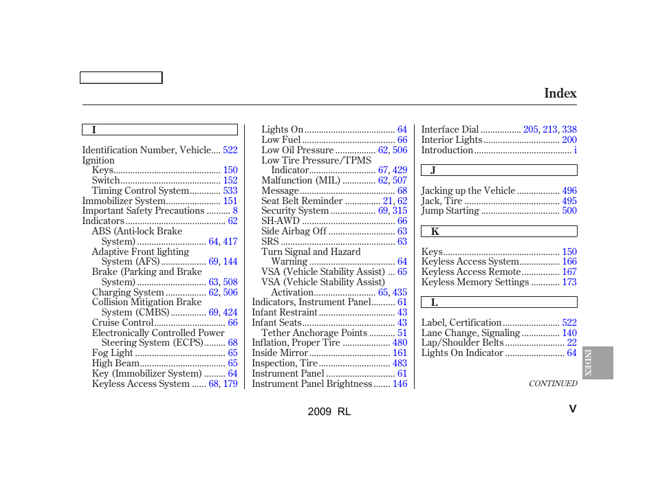 Index | Acura 2009 RL User Manual | Page 550 / 560