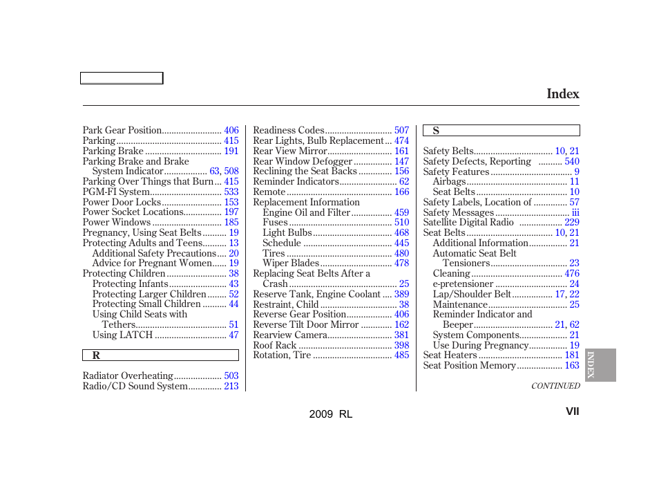 Index | Acura 2009 RL User Manual | Page 552 / 560