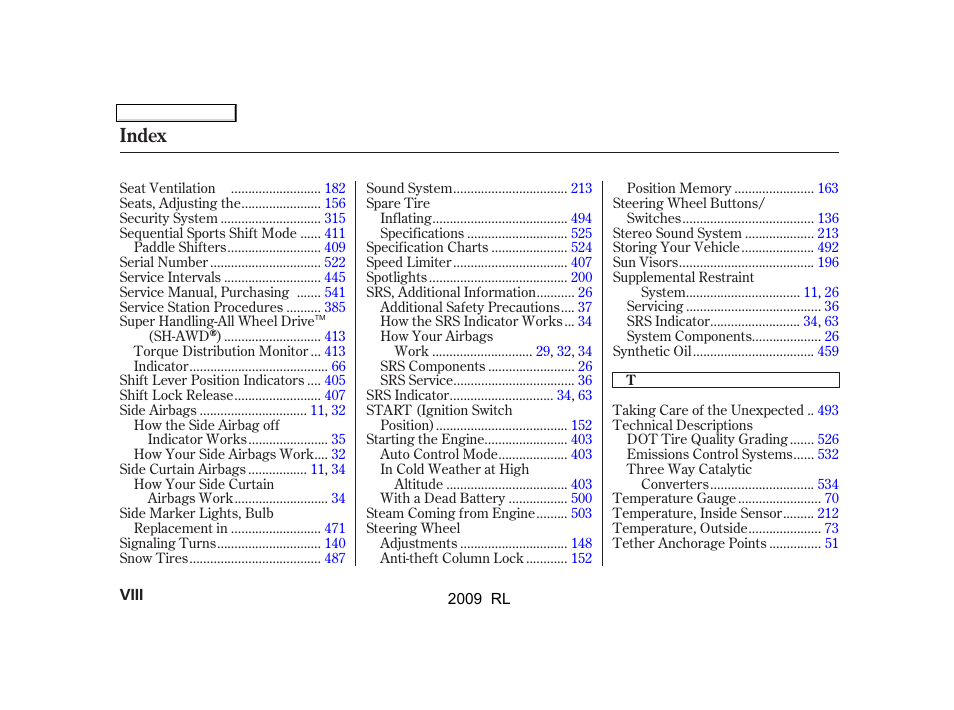 Index | Acura 2009 RL User Manual | Page 553 / 560