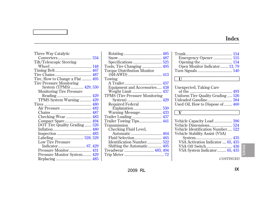Index | Acura 2009 RL User Manual | Page 554 / 560