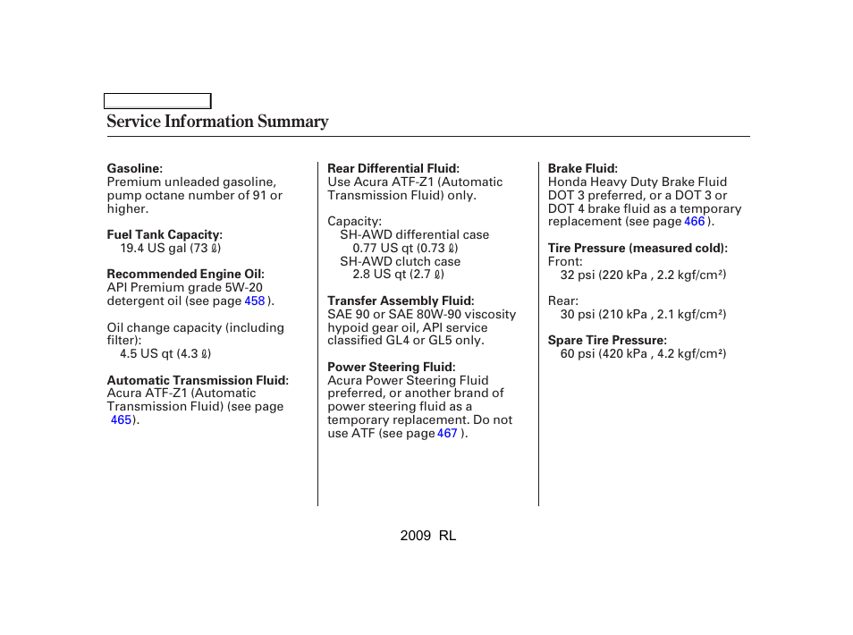 Service information summary | Acura 2009 RL User Manual | Page 559 / 560