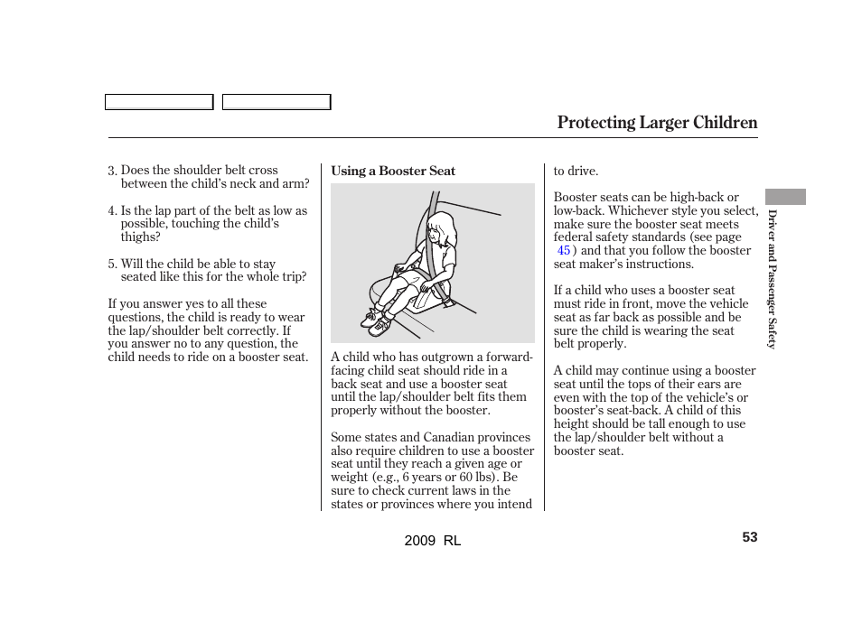Protecting larger children | Acura 2009 RL User Manual | Page 56 / 560