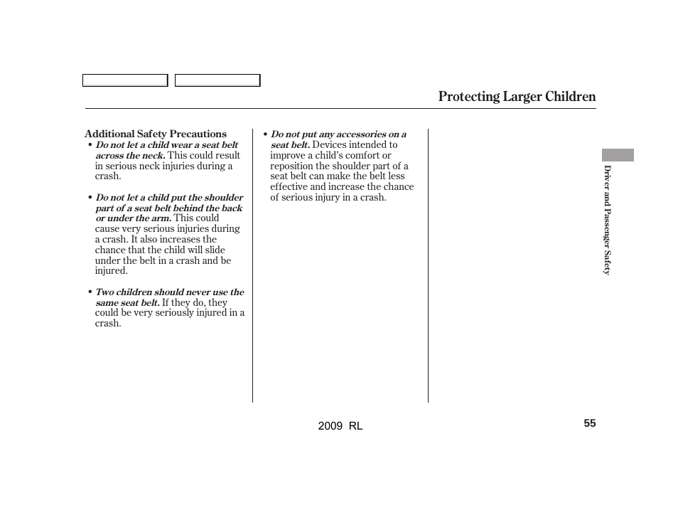 Protecting larger children | Acura 2009 RL User Manual | Page 58 / 560