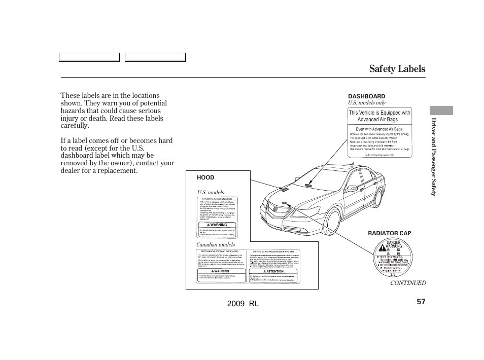 Safety labels | Acura 2009 RL User Manual | Page 60 / 560