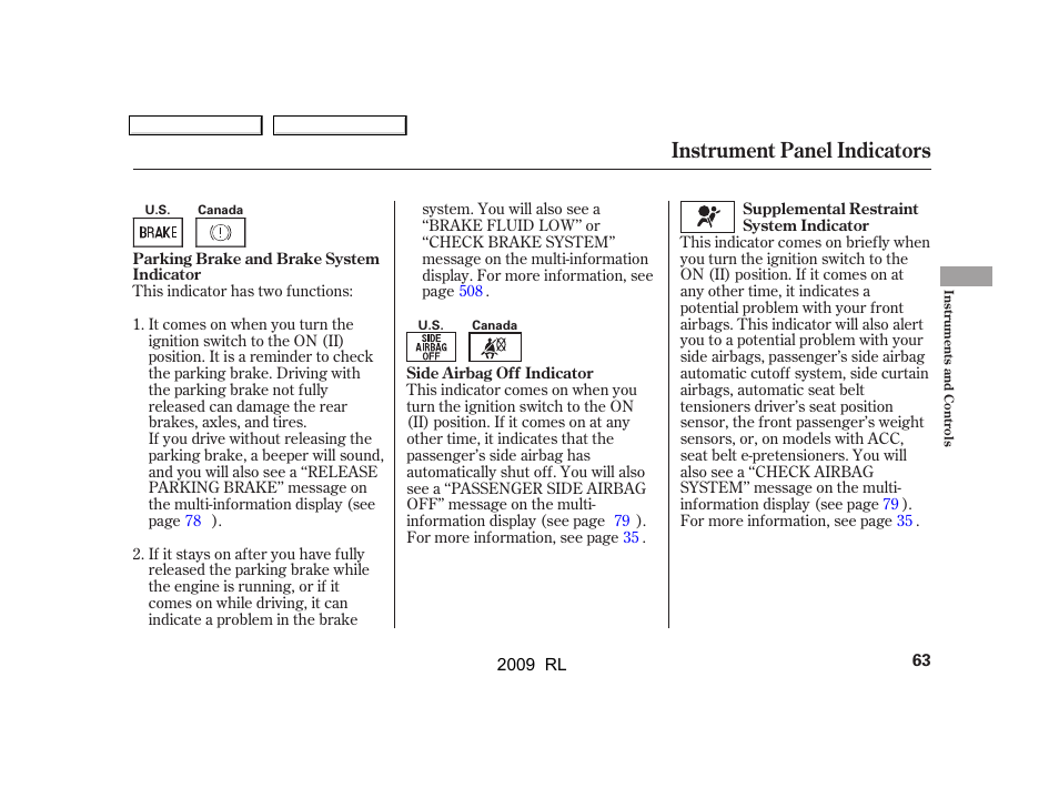 Instrument panel indicators | Acura 2009 RL User Manual | Page 66 / 560