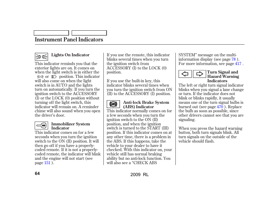 Instrument panel indicators | Acura 2009 RL User Manual | Page 67 / 560