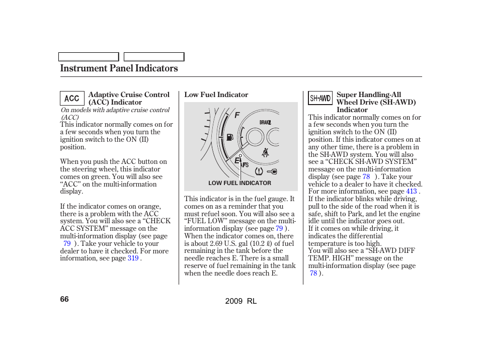 Instrument panel indicators | Acura 2009 RL User Manual | Page 69 / 560