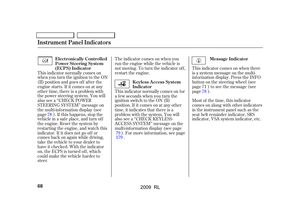 Instrument panel indicators | Acura 2009 RL User Manual | Page 71 / 560