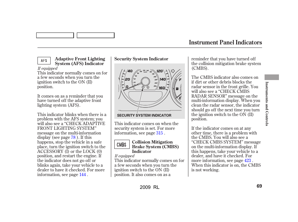 Instrument panel indicators | Acura 2009 RL User Manual | Page 72 / 560