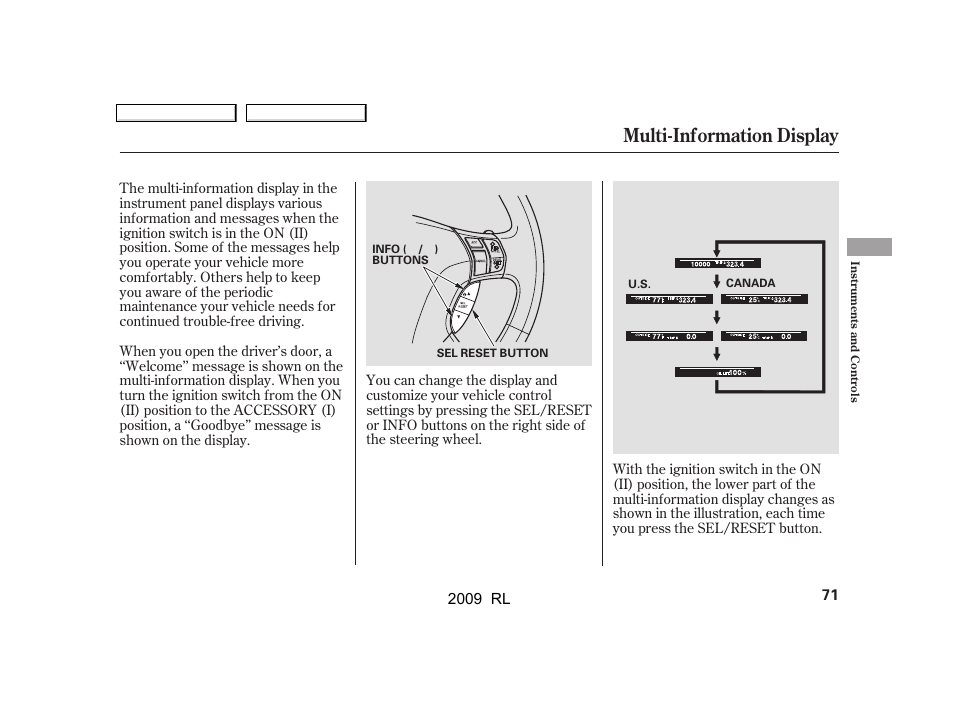 Multi-information display | Acura 2009 RL User Manual | Page 74 / 560