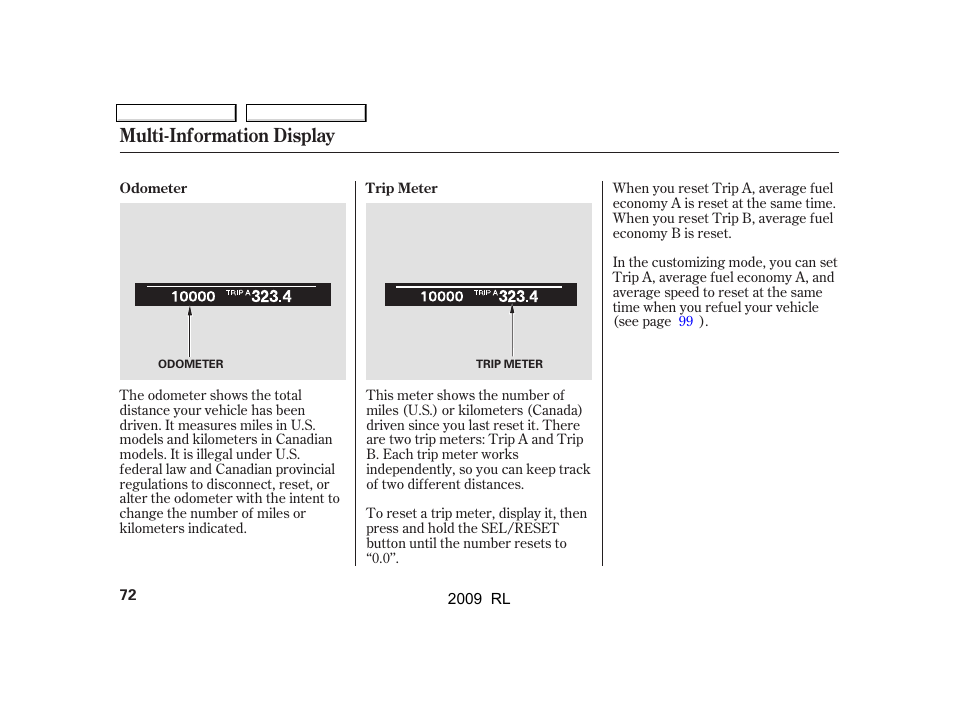 Multi-information display | Acura 2009 RL User Manual | Page 75 / 560