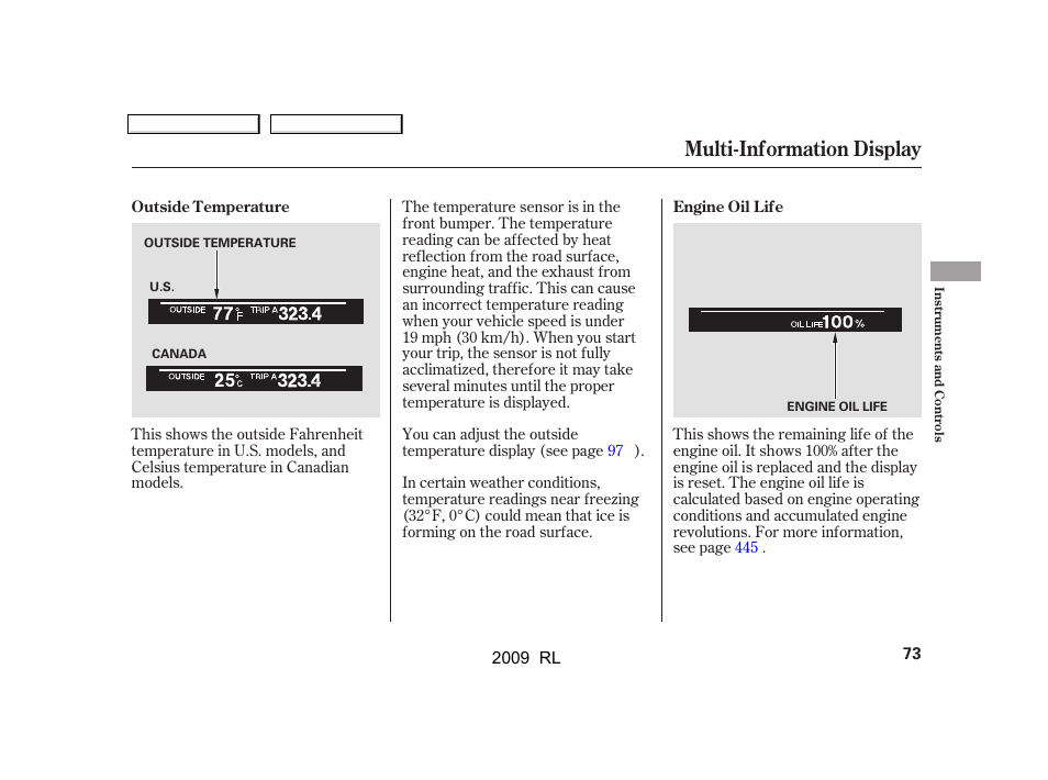 Multi-information display | Acura 2009 RL User Manual | Page 76 / 560