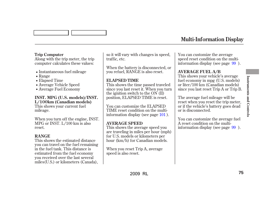 Multi-information display | Acura 2009 RL User Manual | Page 78 / 560