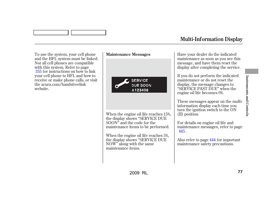 Multi-information display | Acura 2009 RL User Manual | Page 80 / 560