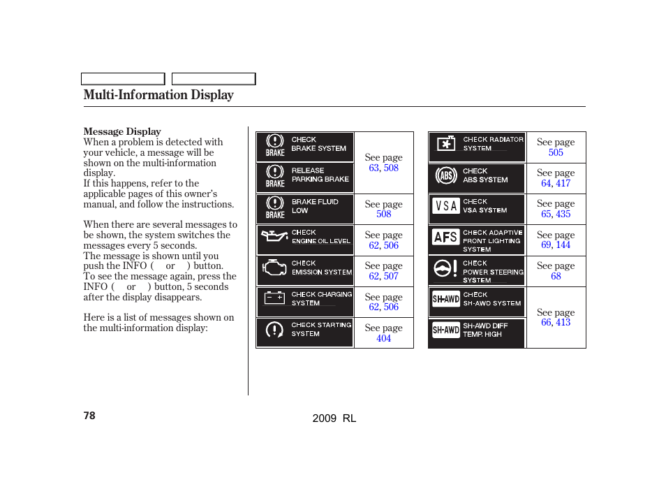 Multi-information display | Acura 2009 RL User Manual | Page 81 / 560