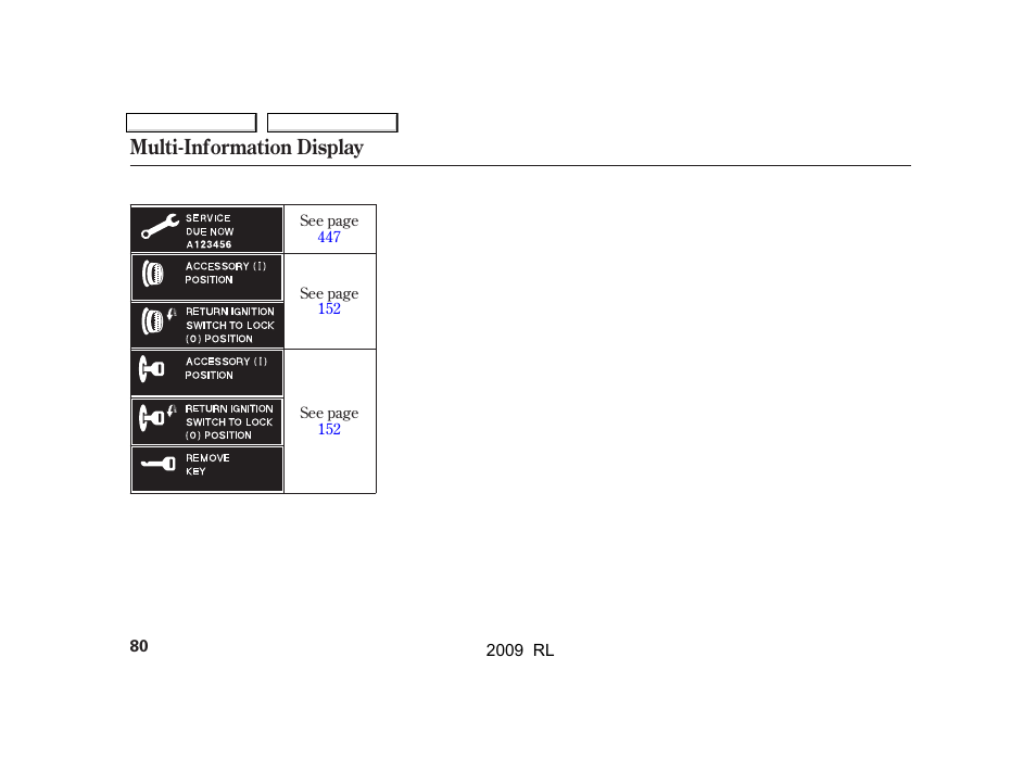 Multi-information display | Acura 2009 RL User Manual | Page 83 / 560