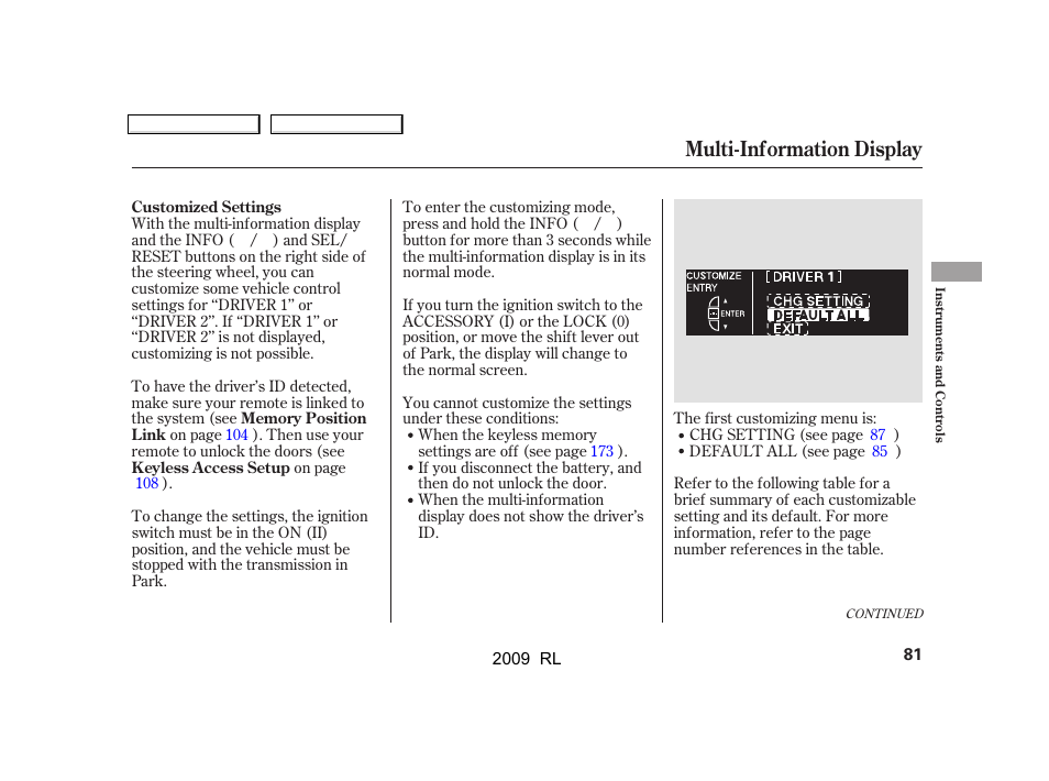 Multi-information display | Acura 2009 RL User Manual | Page 84 / 560