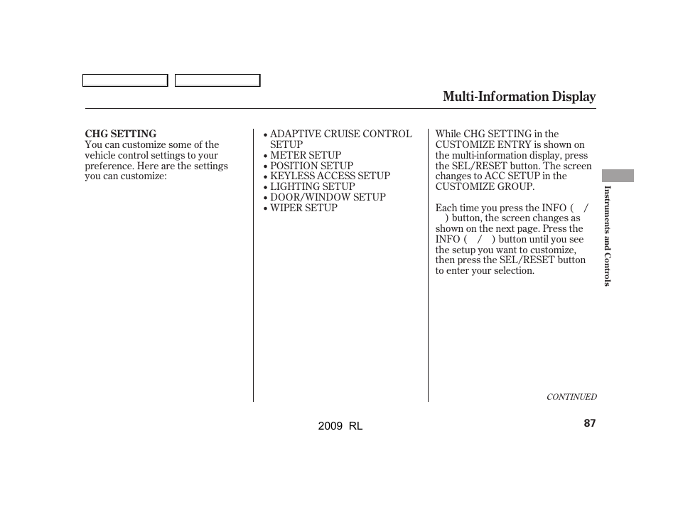 Multi-information display | Acura 2009 RL User Manual | Page 90 / 560