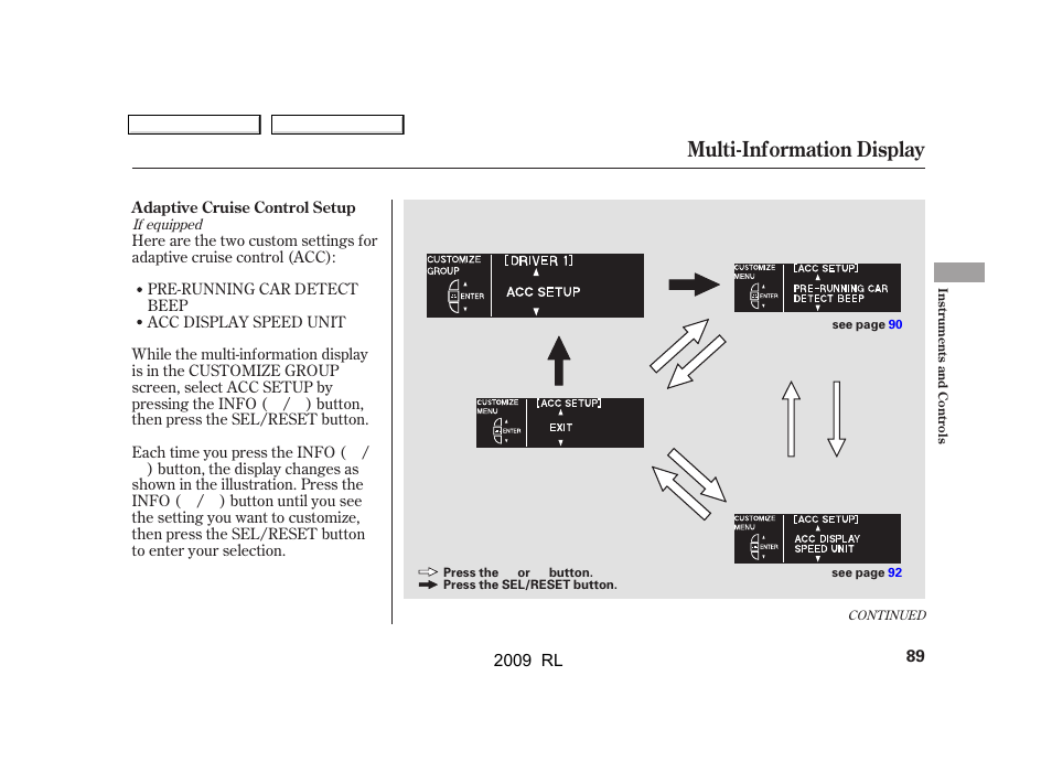 Multi-information display | Acura 2009 RL User Manual | Page 92 / 560