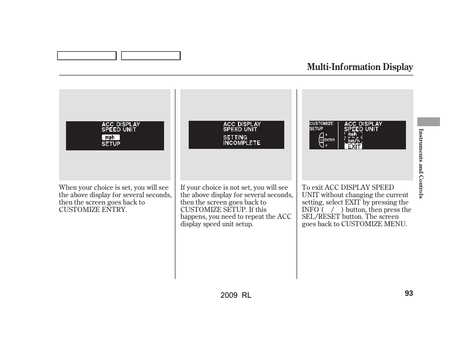 Multi-information display | Acura 2009 RL User Manual | Page 96 / 560