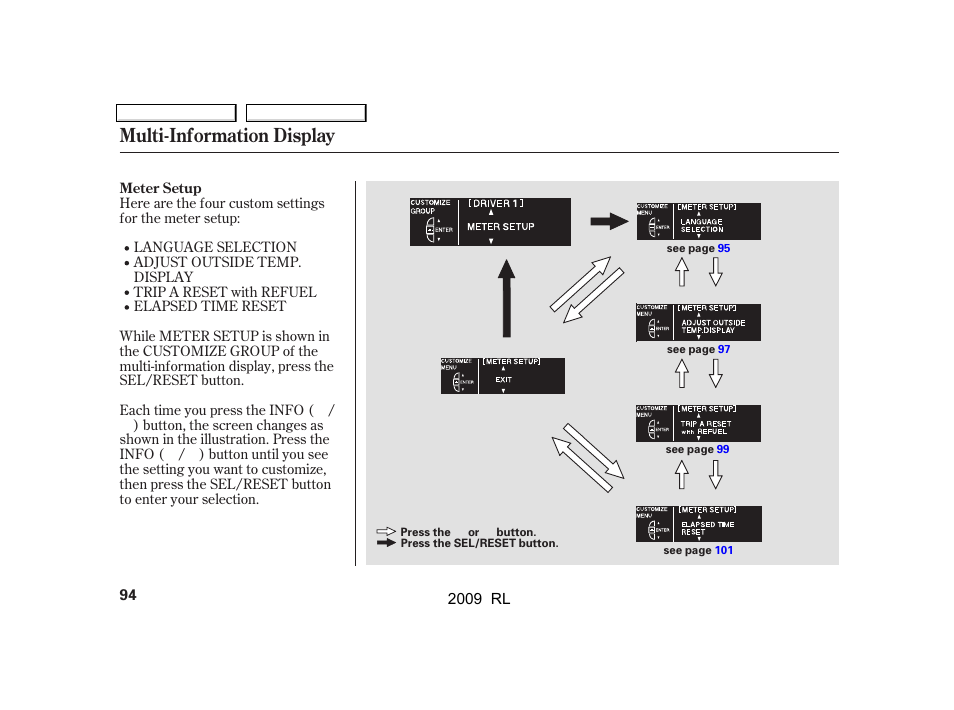 Multi-information display | Acura 2009 RL User Manual | Page 97 / 560