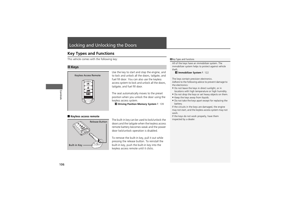 Locking and unlocking the doors, Key types and functions | Acura 2013 ZDX User Manual | Page 108 / 324