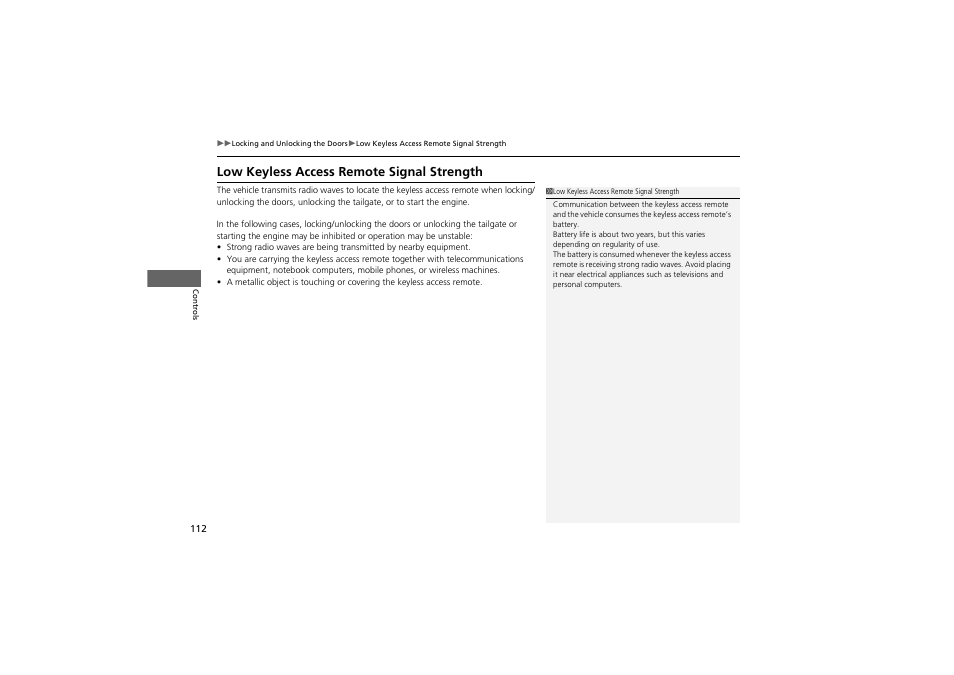 Low keyless access remote signal strength | Acura 2013 ZDX User Manual | Page 114 / 324