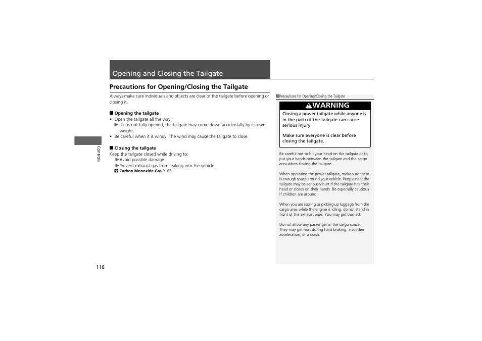 Opening and closing the tailgate, Warning, Precautions for opening/closing the tailgate | Acura 2013 ZDX User Manual | Page 118 / 324