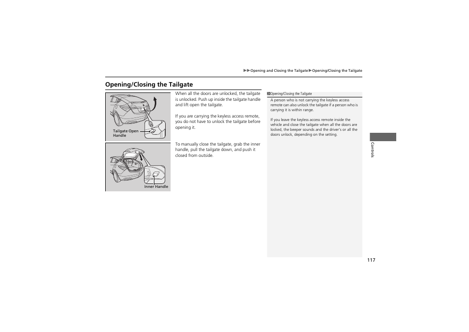 Opening/closing the tailgate | Acura 2013 ZDX User Manual | Page 119 / 324